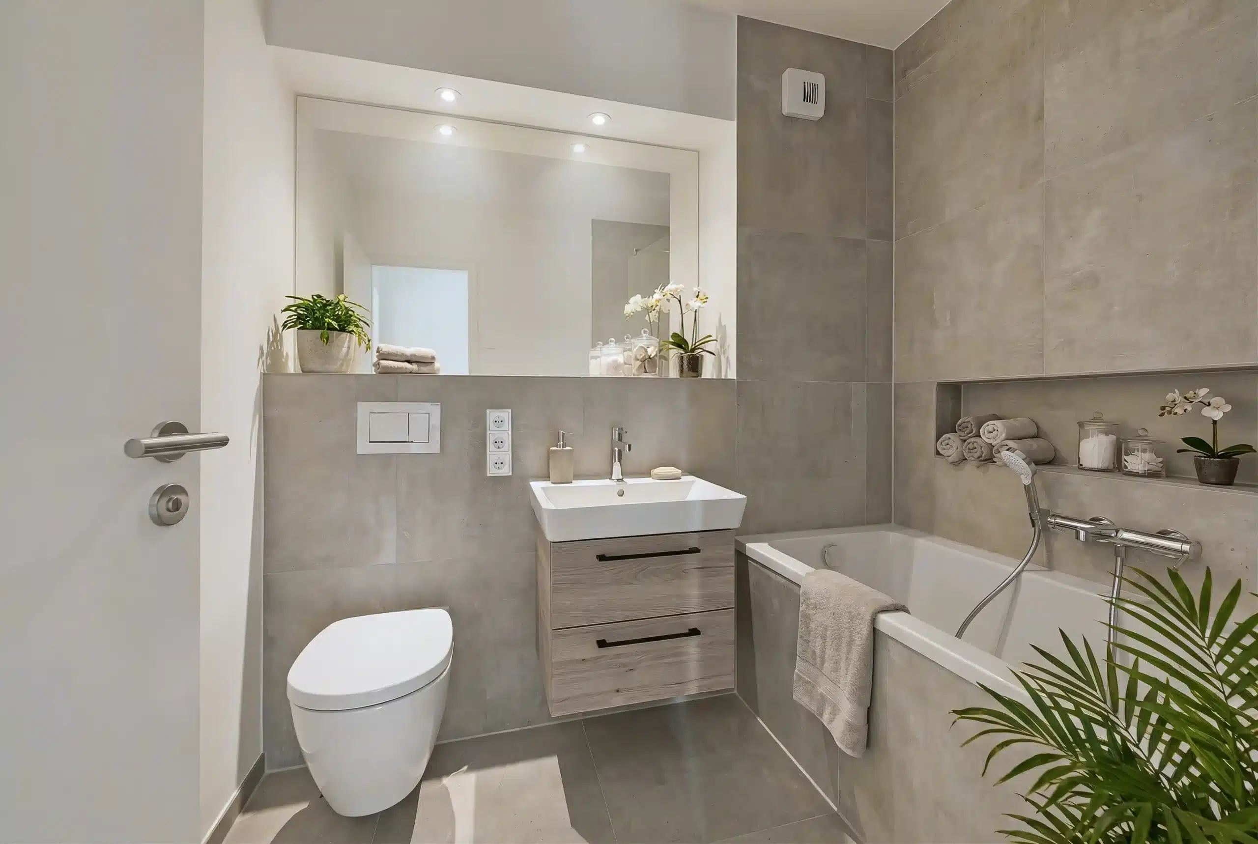 Stilvolles Badezimmer mit Badewanne, wandhängendem WC, modernem Waschtisch und großformatigen Fliesen