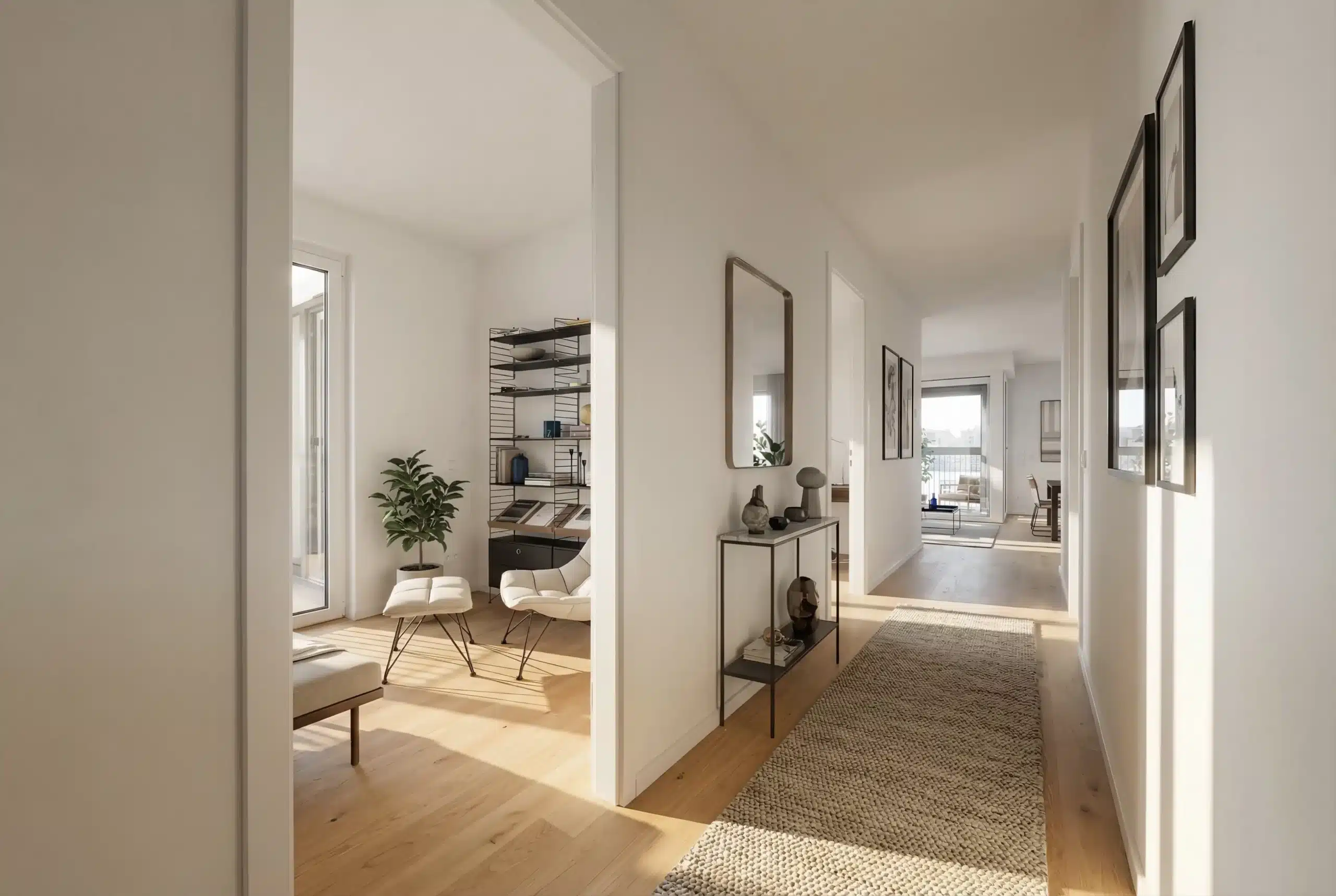 Großzügiger Wohnungsflur mit moderner Einrichtung, hellem Holzboden und direktem Zugang zu mehreren Räumen